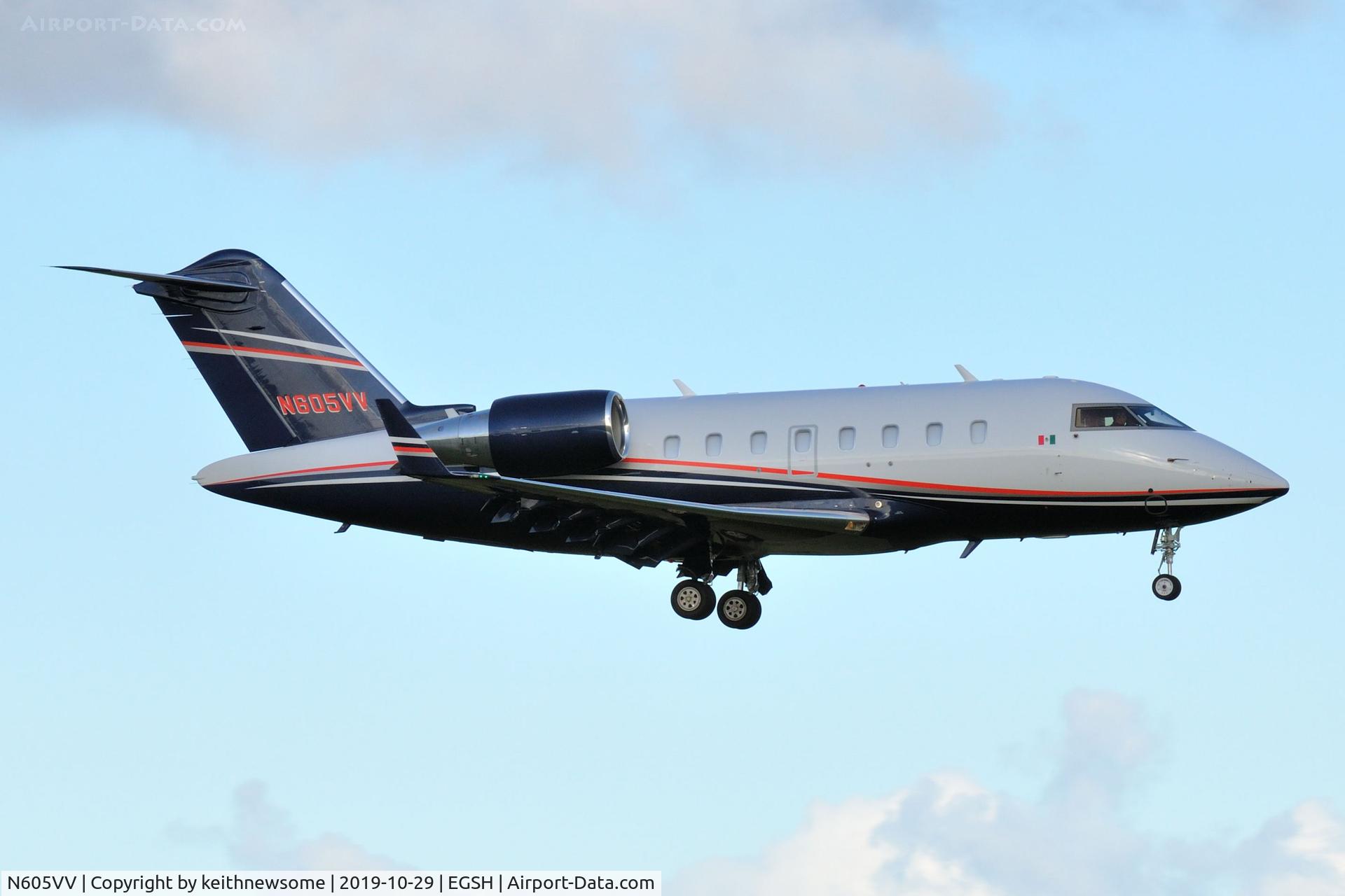 N605VV, 2008 Bombardier Challenger 605 (CL-600-2B16) C/N 5773, Arriving at Norwich from Paris Le Bourget.