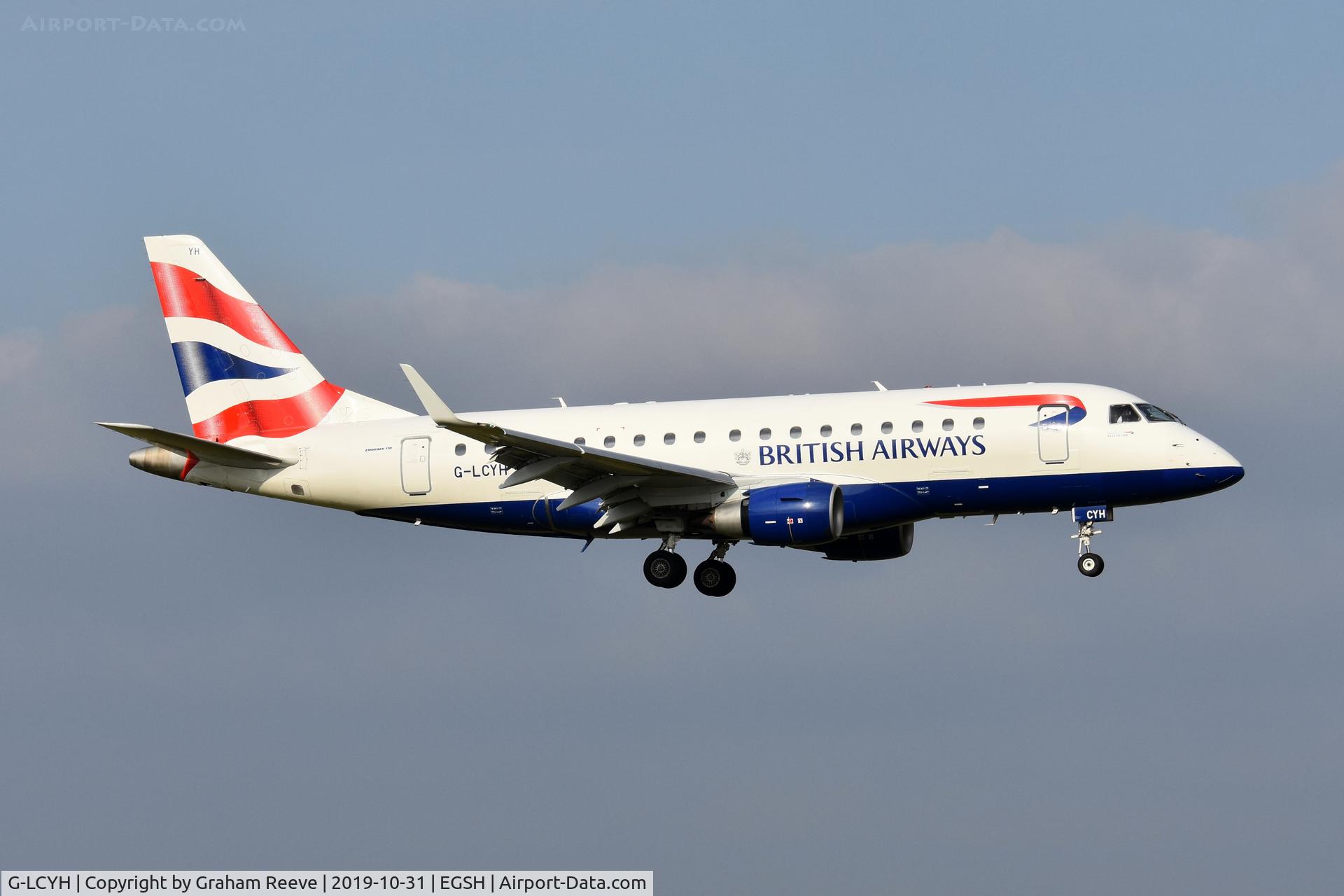 G-LCYH, 2009 Embraer 170STD (ERJ-170-100STD) C/N 17000302, Landing at Norwich.