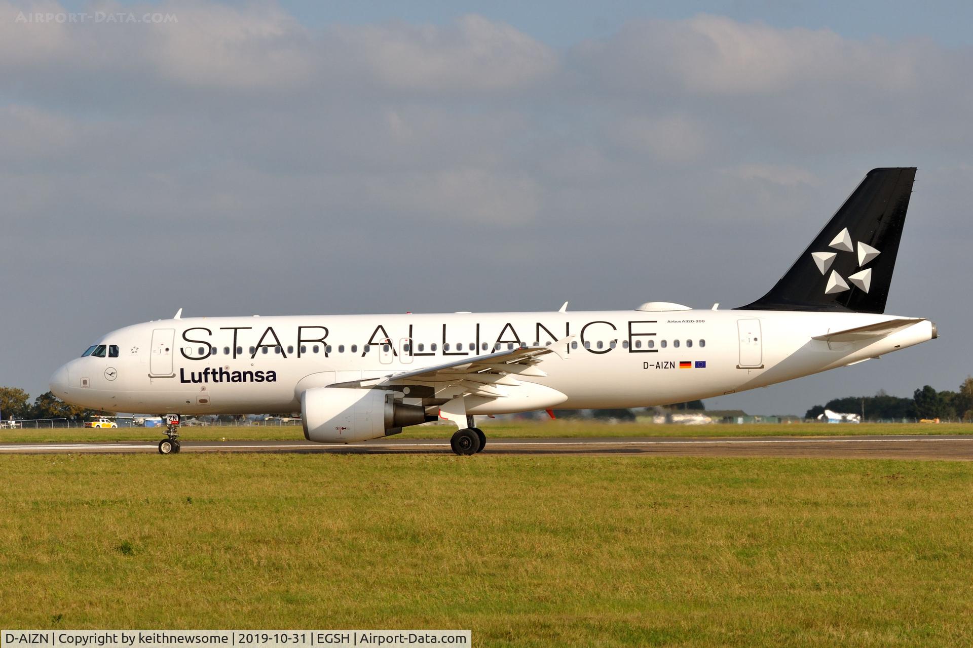 D-AIZN, 2012 Airbus A320-214 C/N 5425, Leaving Norwich for Munich with Star Alliance colour scheme.