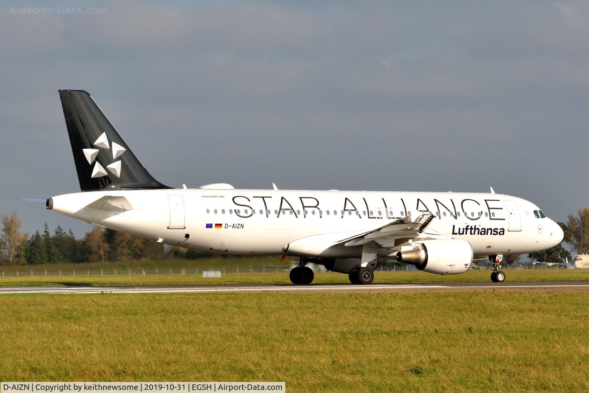 D-AIZN, 2012 Airbus A320-214 C/N 5425, Leaving Norwich for Munich with Star Alliance colour scheme.