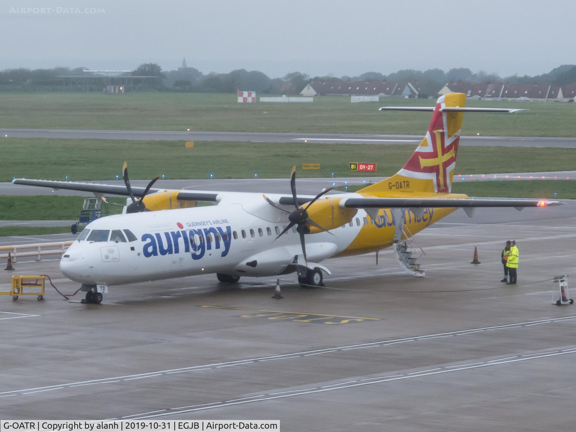G-OATR, 2019 ATR 72-600 (72-212A) C/N 1580, The first of three new ATRs for Aurigny, on stand less than a week after delivery. Fitted with ClearVision technology, for which Aurigny is the launch customer, the airline hopes this will reduce delays and cancellations due to fog.