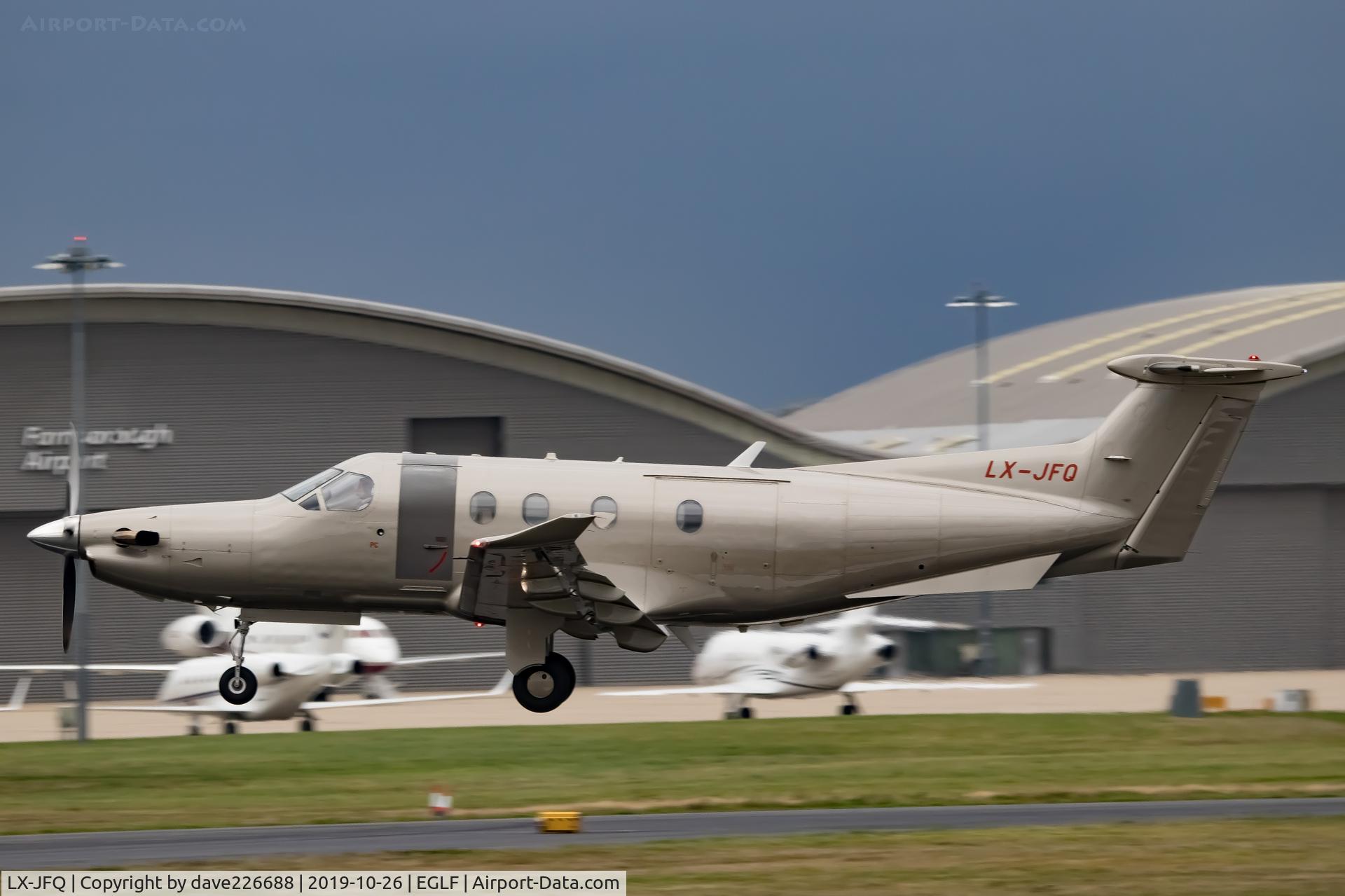 LX-JFQ, 2007 Pilatus PC-12/47 C/N 876, Jetfly Aviation PC12-47 heading out of Farnborough from rwy 24