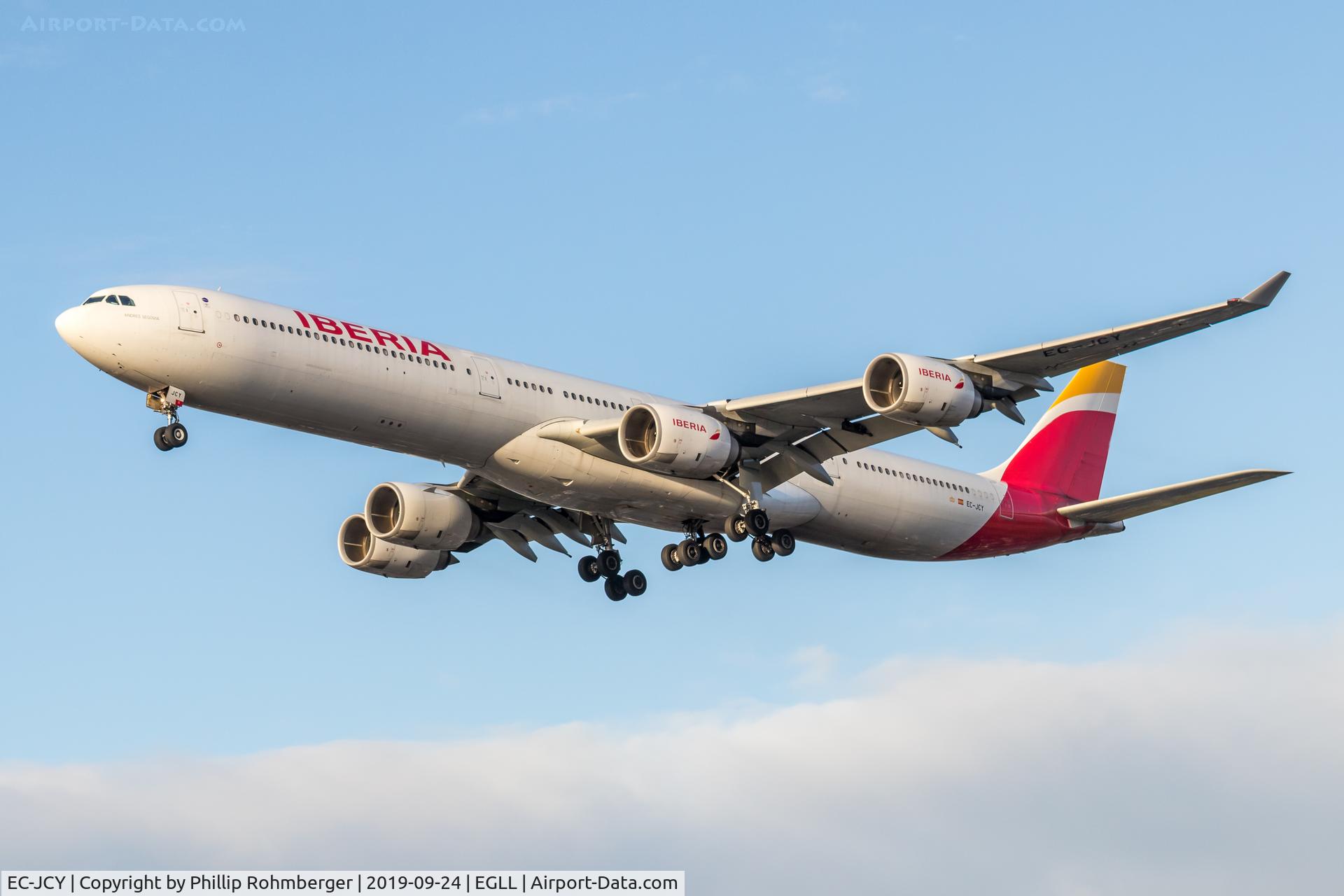 EC-JCY, 2005 Airbus A340-642 C/N 617, approaching EGLL.
