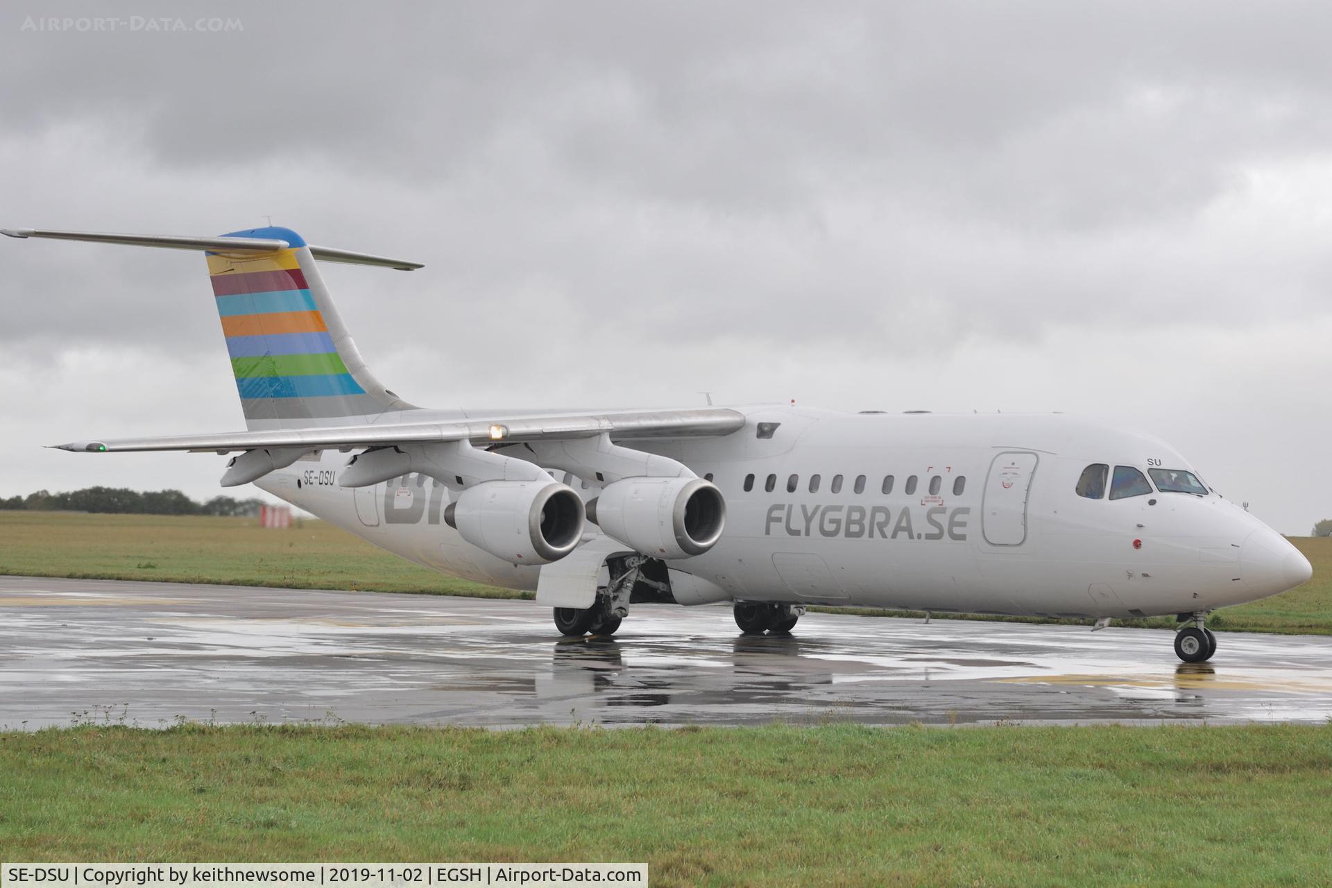 SE-DSU, 1994 British Aerospace Avro 146-RJ100 C/N E3248, Arriving at Norwich from Malmo, minus football logo.