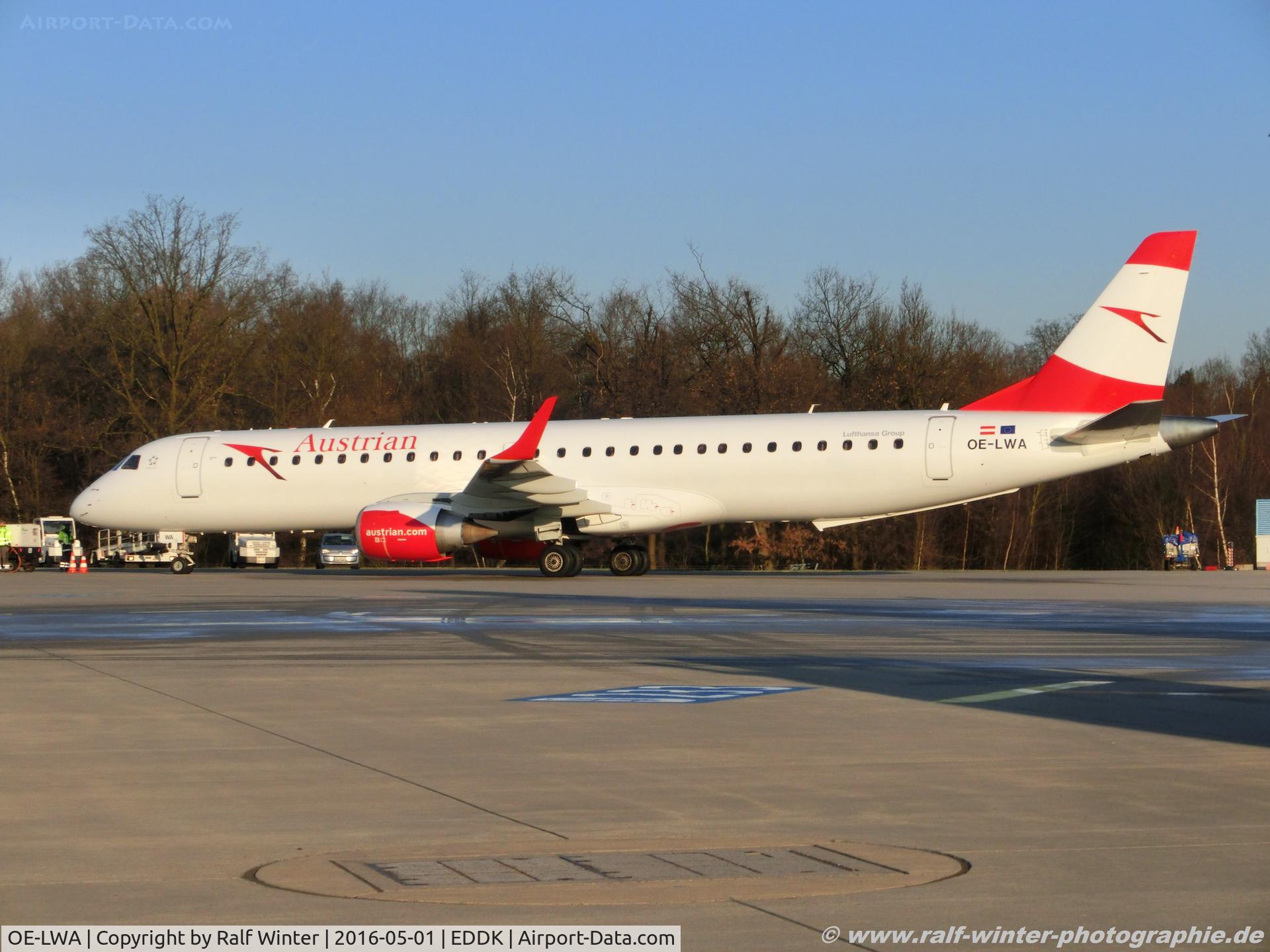 OE-LWA, 2009 Embraer 190LR (ERJ-190-200LR) C/N 19000314, Embraer ERJ-195LR 190-200LR - OS AUA Austrian Airlines 'Füssen' - 19000314 - OE-LWA - 01.05.2016 - CGN