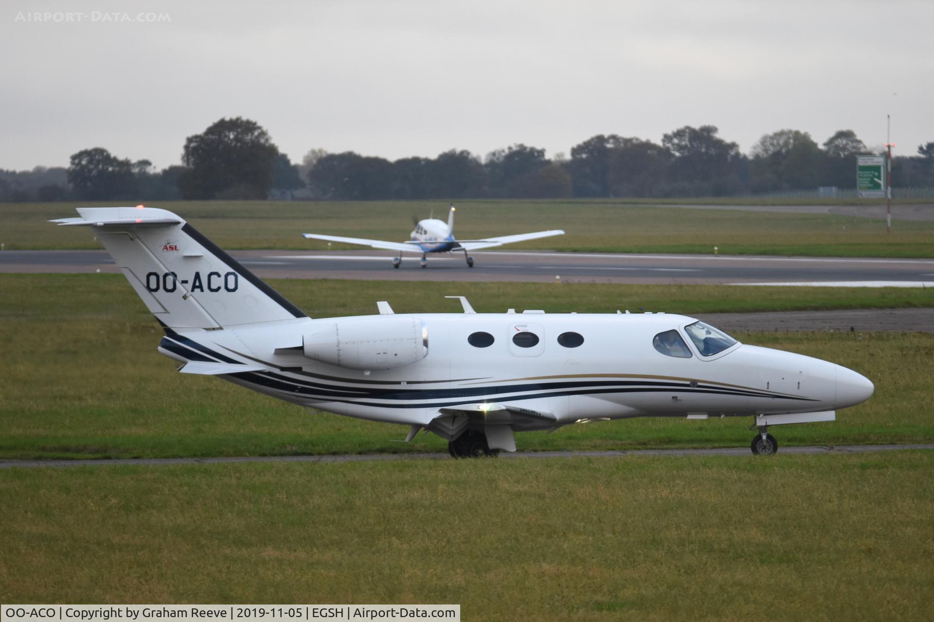 OO-ACO, 2009 Cessna 510 Citation Mustang Citation Mustang C/N 510-0260, Departing from Norwich.