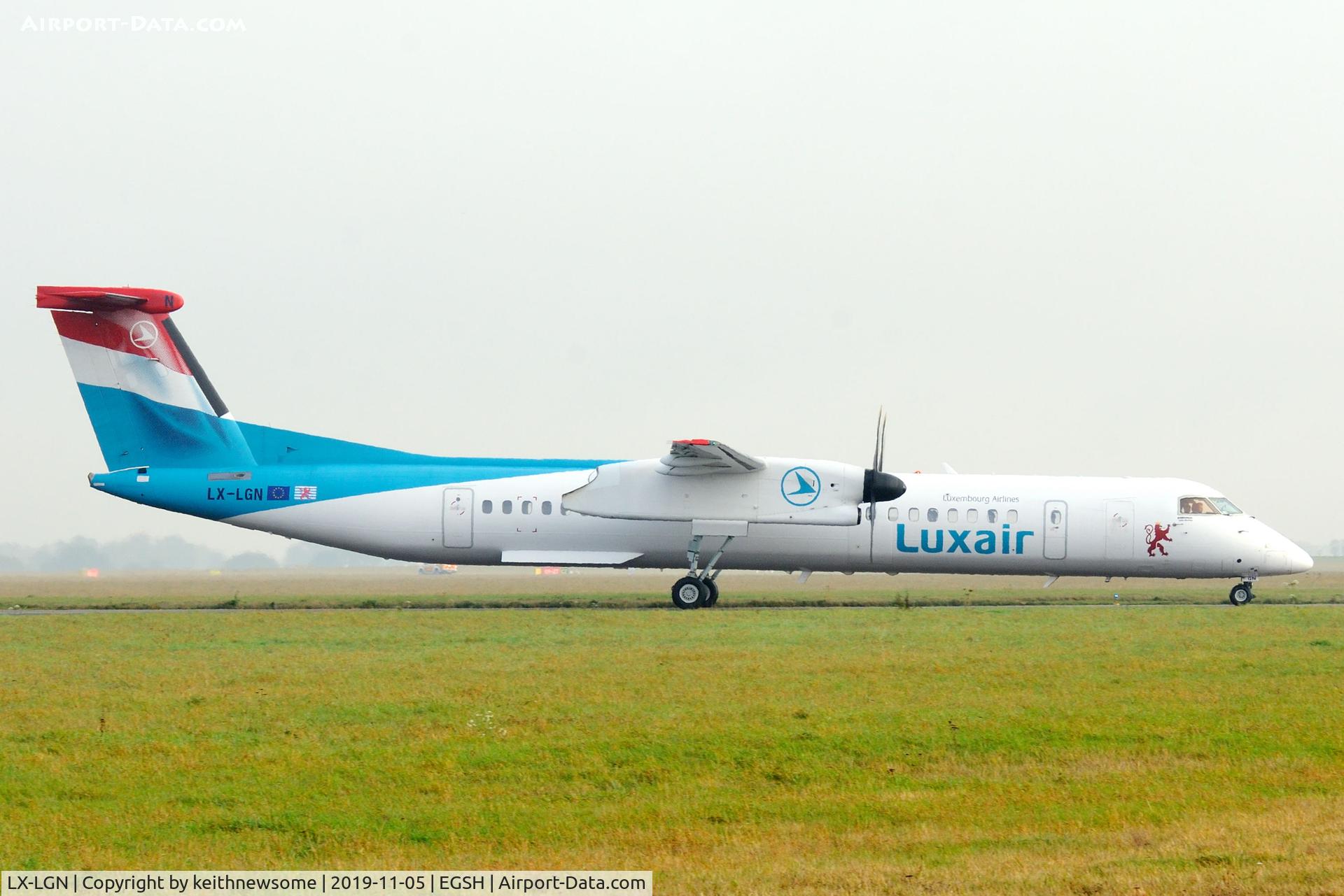 LX-LGN, 2012 De Havilland Canada DHC-8-402Q Dash 8 C/N 4426, Arriving at Norwich for paintwork.