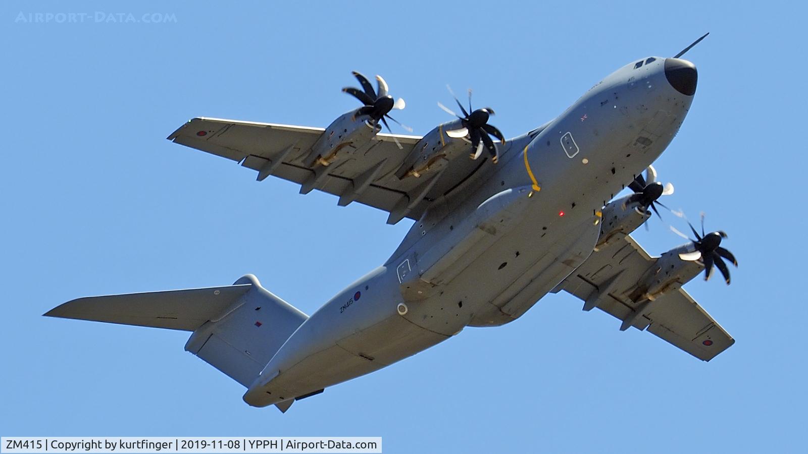 ZM415, 2016 Airbus A400M-180 Atlas C.1 C/N 052, Airbus A400M, RAF Atlas C1 serial number ZM415. RAF Base Brice Norton 24-70 Sqns departed rwy 06 YPPH Heading for the RAAF Base Edinburgh Airshow 9-10 November 2019. 08/11/19.