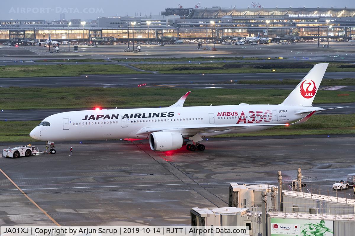 JA01XJ, 2019 Airbus A350-941 C/N 321, Pushback at Haneda as JL327 bound for Fukuoka.