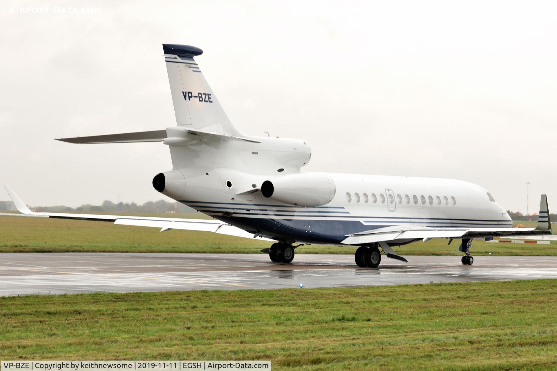 VP-BZE, 2007 Dassault Falcon 7X C/N 14, Leaving Norwich for Luton.