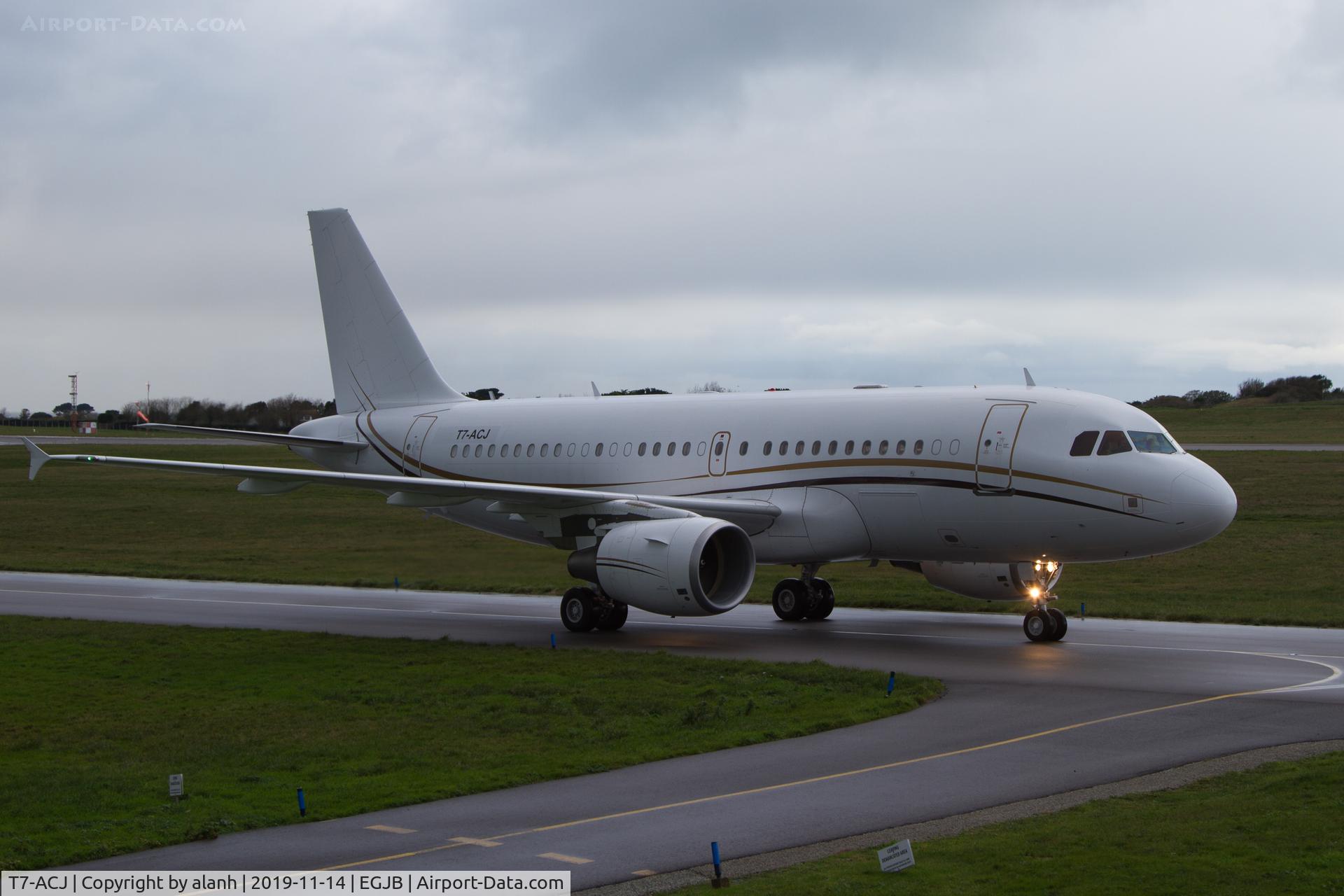 T7-ACJ, 2008 Airbus A319-115/CJ C/N 3513, Taxying after arrival at Guernsey - the taped-on registration might indicate an imminent change