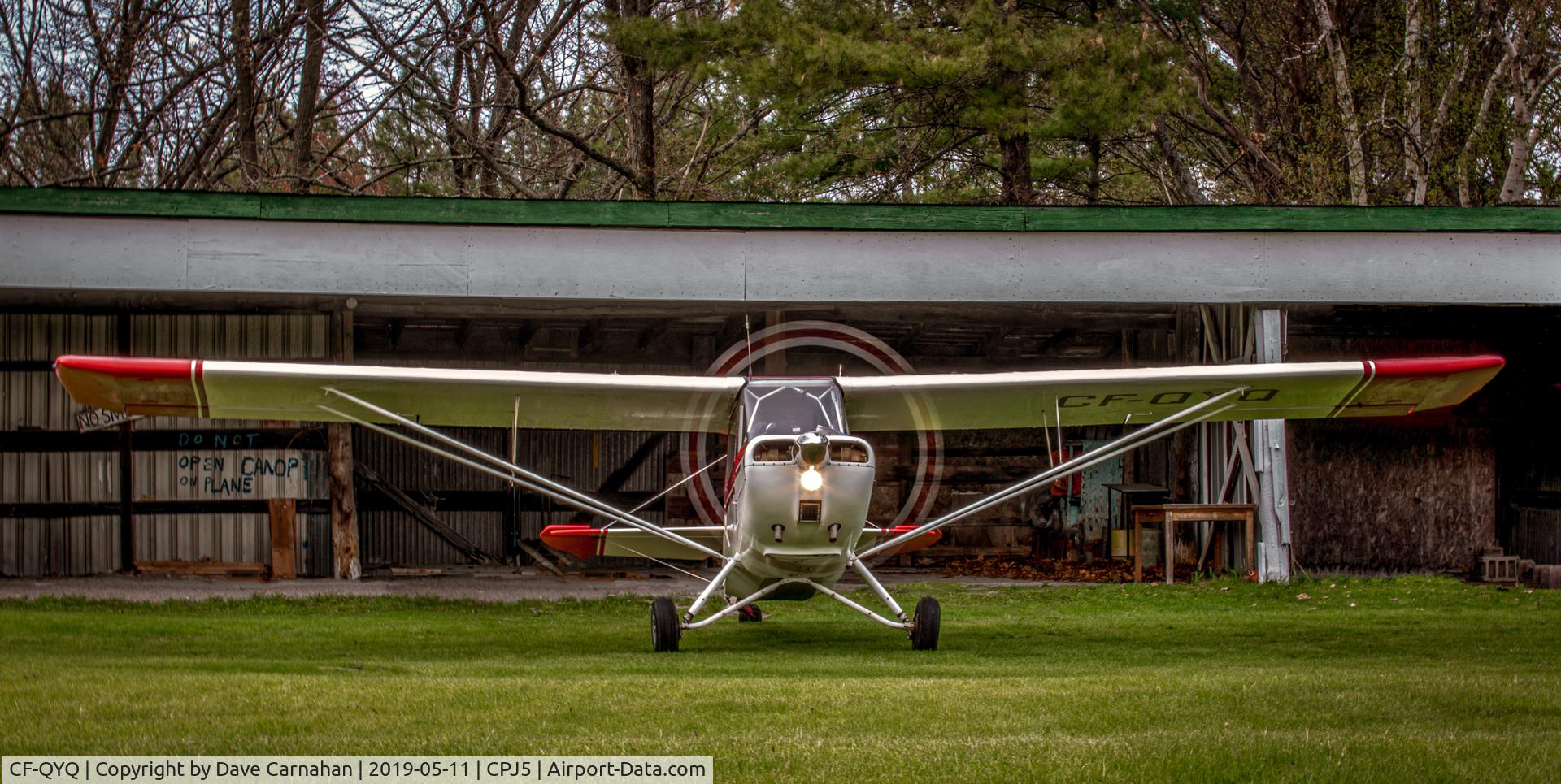 CF-QYQ, 1965 Champion 7ECAX Citabria C/N 128X, CF-QYQ warms up on the field at Oak Hills Flying Club, Stirling, Ontario, Canada