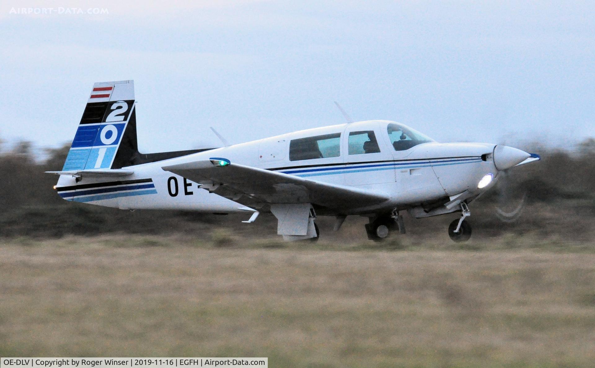 OE-DLV, 1981 Mooney M20J 201 C/N 24-1082, Resident Mooney M20J departing Runway 04 at dusk.