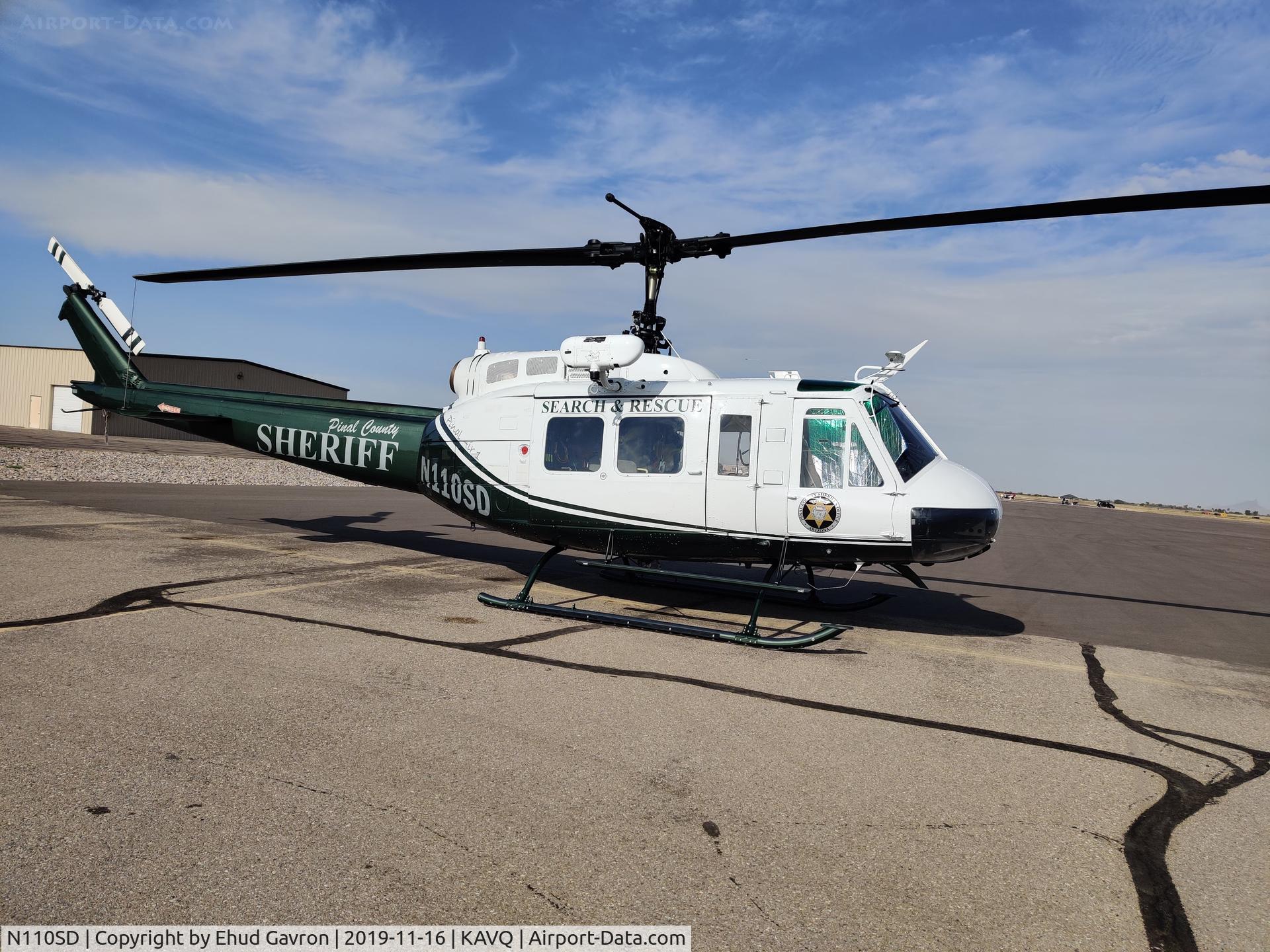 N110SD, 1973 Bell UH-1V Iroquois C/N 13580, Pinal County Sheriff Department Huey parked at Marana Regional Airport helipad on a cool Saturday morning.