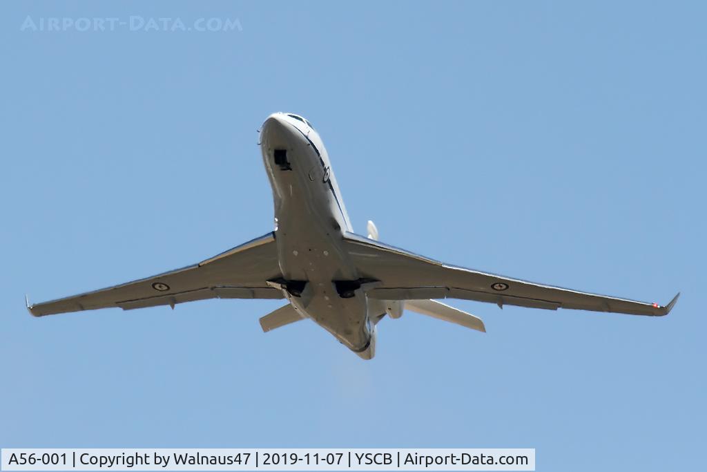 A56-001, 2019 Dassault Falcon 7X C/N 283, Front view of RAAF 34 Squadron Dassault Falcon 7X Serial A56-001 Cn 283, shown climbing out from Rwy 35 at Canberra International Airport (YSCB) on 07Nov2019. Three Falcon 7X Bizjets have replaced the three Challenger 601s previously operated by 34Sqn.