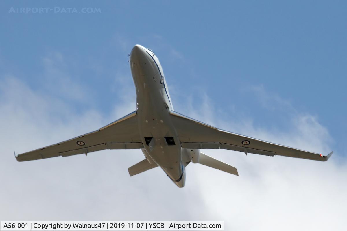 A56-001, 2019 Dassault Falcon 7X C/N 283, Front view of RAAF 34 Squadron Dassault Falcon 7X Serial A56-001 Cn 283, shown climbing out from Rwy 35 at Canberra International Airport (YSCB) on 07Nov2019. Three Falcon 7X Bizjets have replaced the three Challenger 601s previously operated by 34Sqn.