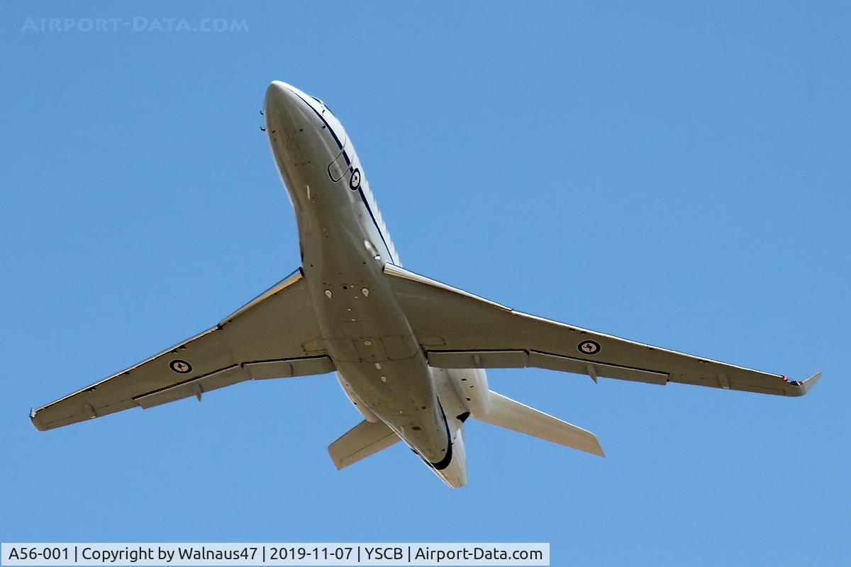 A56-001, 2019 Dassault Falcon 7X C/N 283, Front view of RAAF 34 Squadron Dassault Falcon 7X Serial A56-001 Cn 283, shown climbing out from Rwy 35 at Canberra International Airport (YSCB) on 07Nov2019. Three Falcon 7X Bizjets have replaced the three Challenger 601s previously operated by 34Sqn.