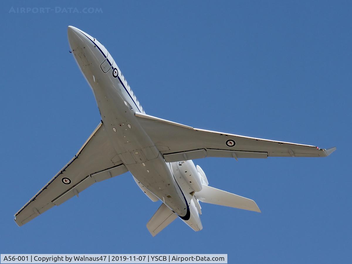A56-001, 2019 Dassault Falcon 7X C/N 283, Underside view of RAAF 34 Squadron Dassault Falcon 7X Serial A56-001 Cn 283, shown climbing out from Rwy 35 at Canberra International Airport (YSCB) on 07Nov2019. Three Falcon 7X Bizjets have replaced the three Challenger 601s previously operated by 34Sqn