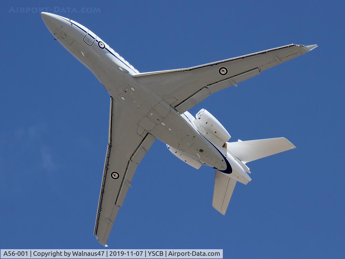 A56-001, 2019 Dassault Falcon 7X C/N 283, Underside view of RAAF 34 Squadron Dassault Falcon 7X Serial A56-001 Cn 283, shown climbing out from Rwy 35 at Canberra International Airport (YSCB) on 07Nov2019. Three Falcon 7X Bizjets have replaced the three Challenger 601s previously operated by 34Sqn