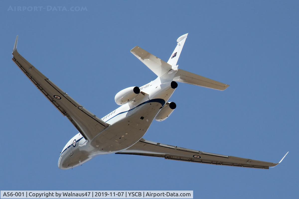 A56-001, 2019 Dassault Falcon 7X C/N 283, Rear Portside view of RAAF 34 Squadron Dassault Falcon 7X Serial A56-001 Cn 283, departing from Rwy 35 at Canberra International Airport (YSCB) on 07Nov2019. Three Falcon 7X Bizjets have replaced the 3 Challenger 601s previously operated by 34 Sqn.