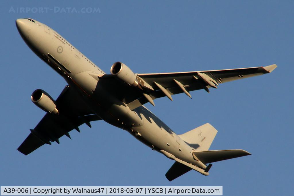 A39-006, 2008 Airbus A330-203/MRTT C/N 892, Low res front Port underside view of RAAF A330-203 MRTT A39-006 Cn 892 shortly after take-off from Canberra International Airport YSCB Rwy 35 at 1638 hrs on 07May2018. This aircraft was formerly Qantas A330-203 VH-EBH, converted to MRTT.