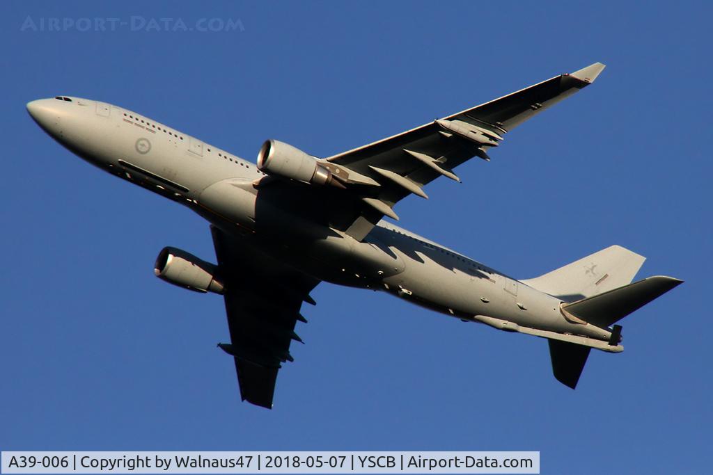 A39-006, 2008 Airbus A330-203/MRTT C/N 892, Low res Port underside view of RAAF A330-203 MRTT A39-006 Cn 892 shortly after take-off from Canberra International Airport YSCB Rwy 35 at 1638 hrs on 07May2018. This aircraft was formerly Qantas A330-203 VH-EBH, converted to MRTT.