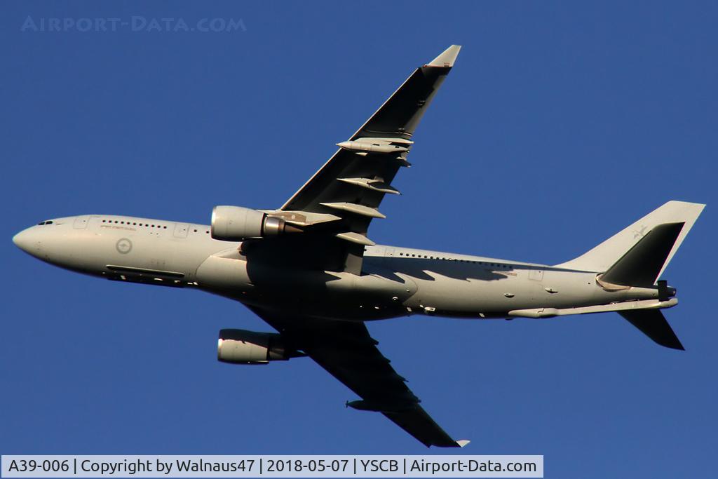A39-006, 2008 Airbus A330-203/MRTT C/N 892, Low res rear Port underside view of RAAF A330-203 MRTT A39-006 Cn 892 shortly after take-off from Canberra International Airport YSCB Rwy 35 at 1638 hrs on 07May2018. This aircraft was formerly Qantas A330-203 VH-EBH, converted to MRTT.