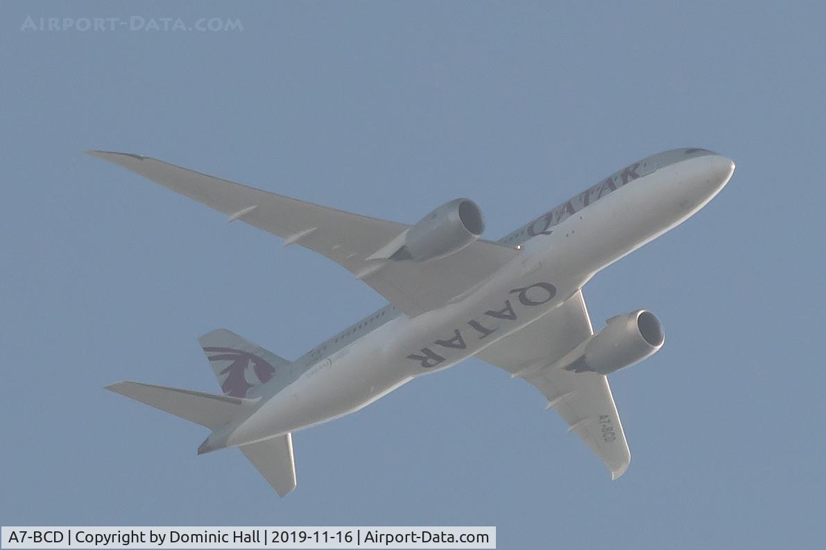 A7-BCD, 2013 Boeing 787-8 Dreamliner C/N 38322, Passing over EGGD at around 6,000 ft en route to Cardiff