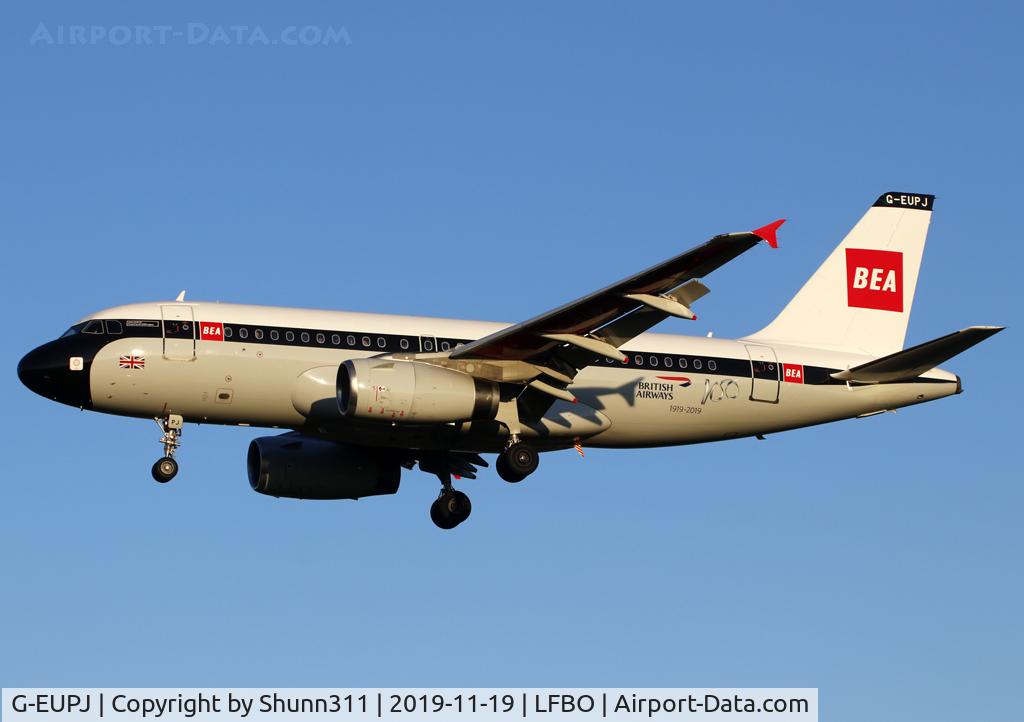 G-EUPJ, 2000 Airbus A319-131 C/N 1232, Landing rwy 32R with Retro c/s