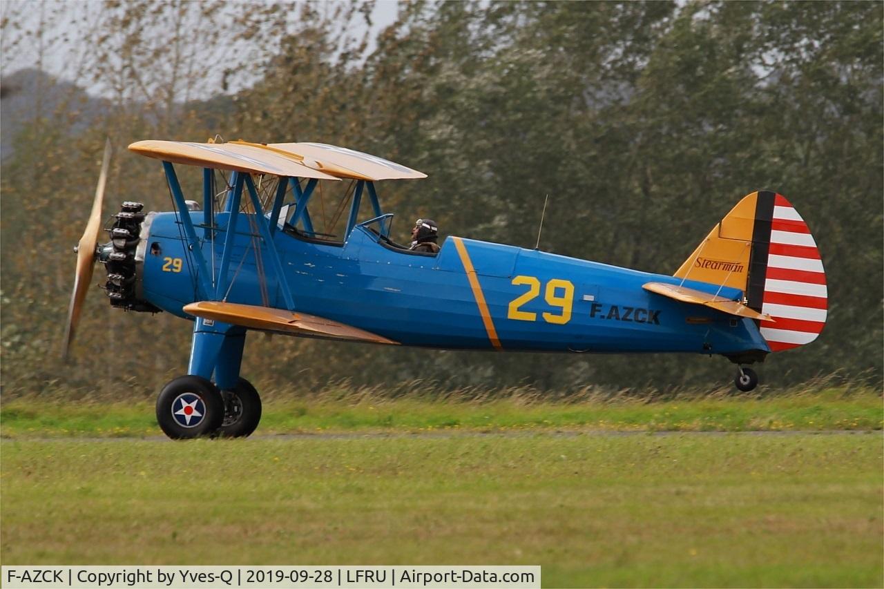 F-AZCK, 1941 Boeing A75N1 (PT-17) C/N 75-1653, Boeing A75N1, Landing rwy 22, Morlaix-Ploujean airport (LFRU-MXN) air show 2019
