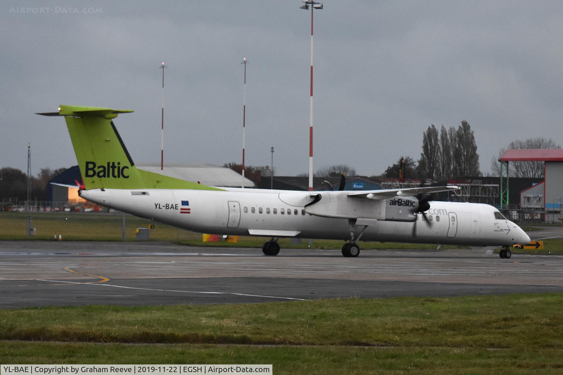 YL-BAE, 2009 Bombardier DHC-8-402 Dash 8 C/N 4289, Just landed at Norwich.