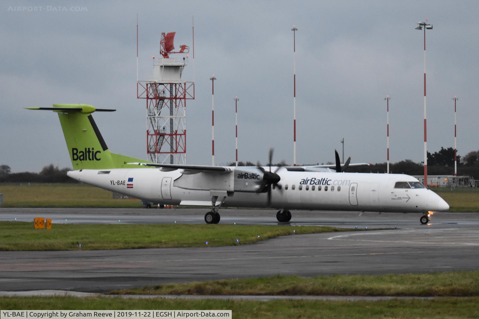 YL-BAE, 2009 Bombardier DHC-8-402 Dash 8 C/N 4289, Just landed at Norwich.