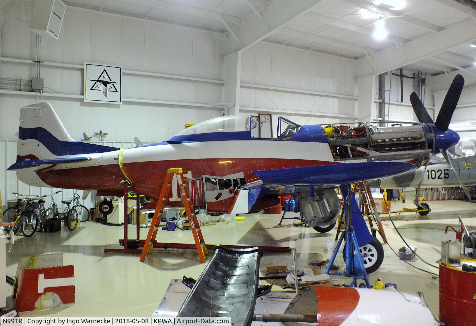 N991R, 1993 North American P-51D Mustang C/N 122-41076, North American P-51D Mustang racer 'Miss America' undergoing maintenance at the Oklahoma Museum of Flying, Oklahoma City OK