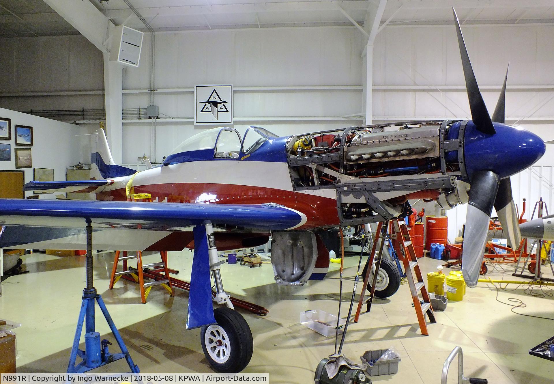 N991R, 1993 North American P-51D Mustang C/N 122-41076, North American P-51D Mustang racer 'Miss America' undergoing maintenance at the Oklahoma Museum of Flying, Oklahoma City OK