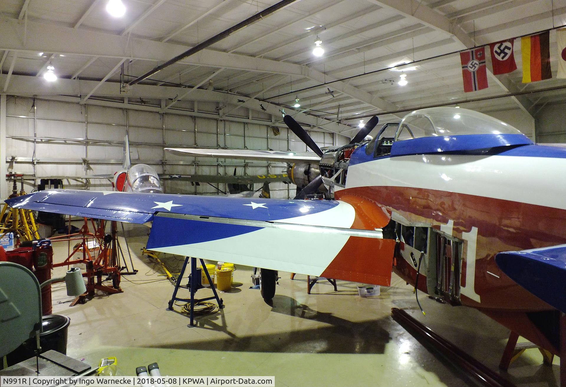 N991R, 1993 North American P-51D Mustang C/N 122-41076, North American P-51D Mustang racer 'Miss America' undergoing maintenance at the Oklahoma Museum of Flying, Oklahoma City OK