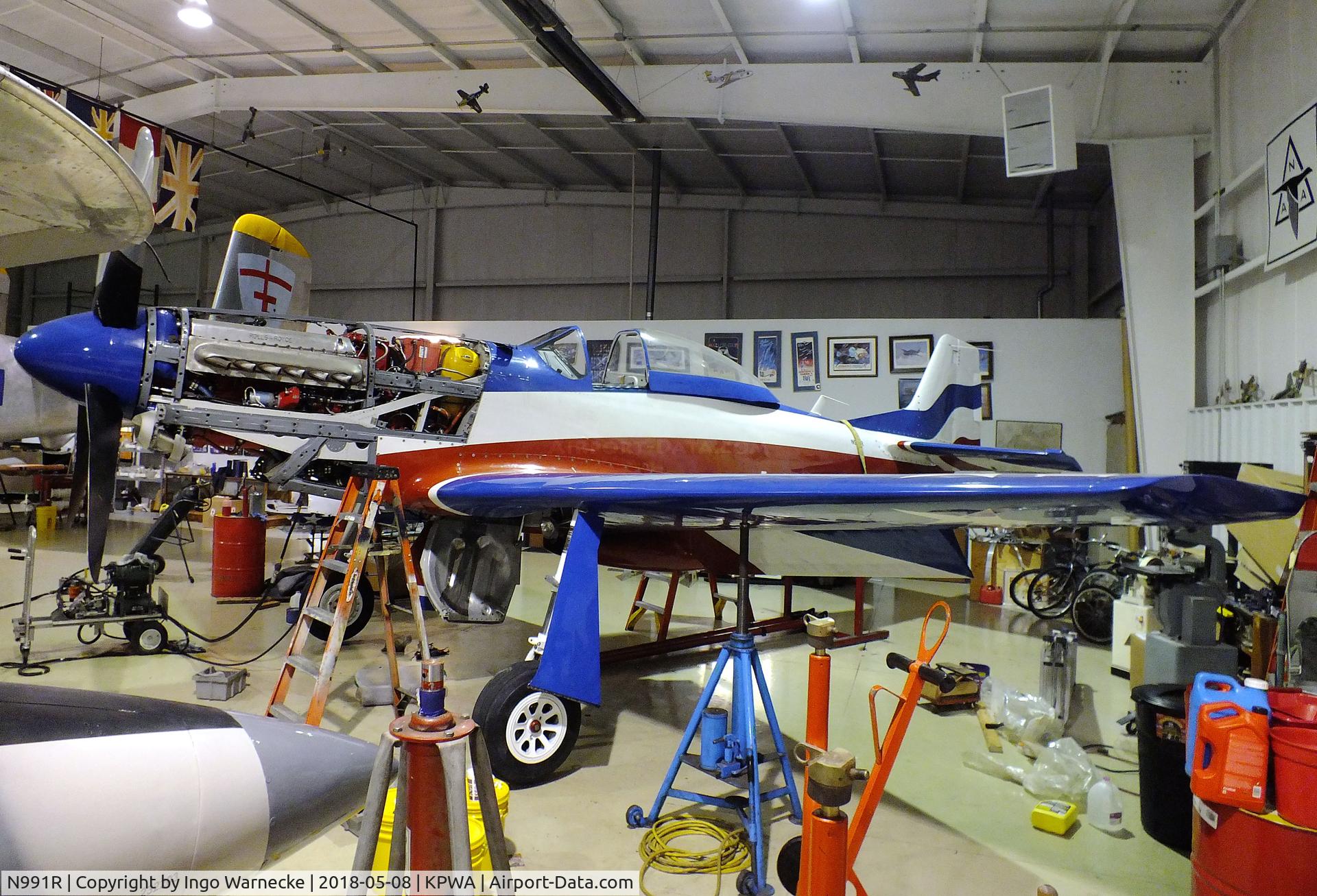 N991R, 1993 North American P-51D Mustang C/N 122-41076, North American P-51D Mustang racer 'Miss America' undergoing maintenance at the Oklahoma Museum of Flying, Oklahoma City OK