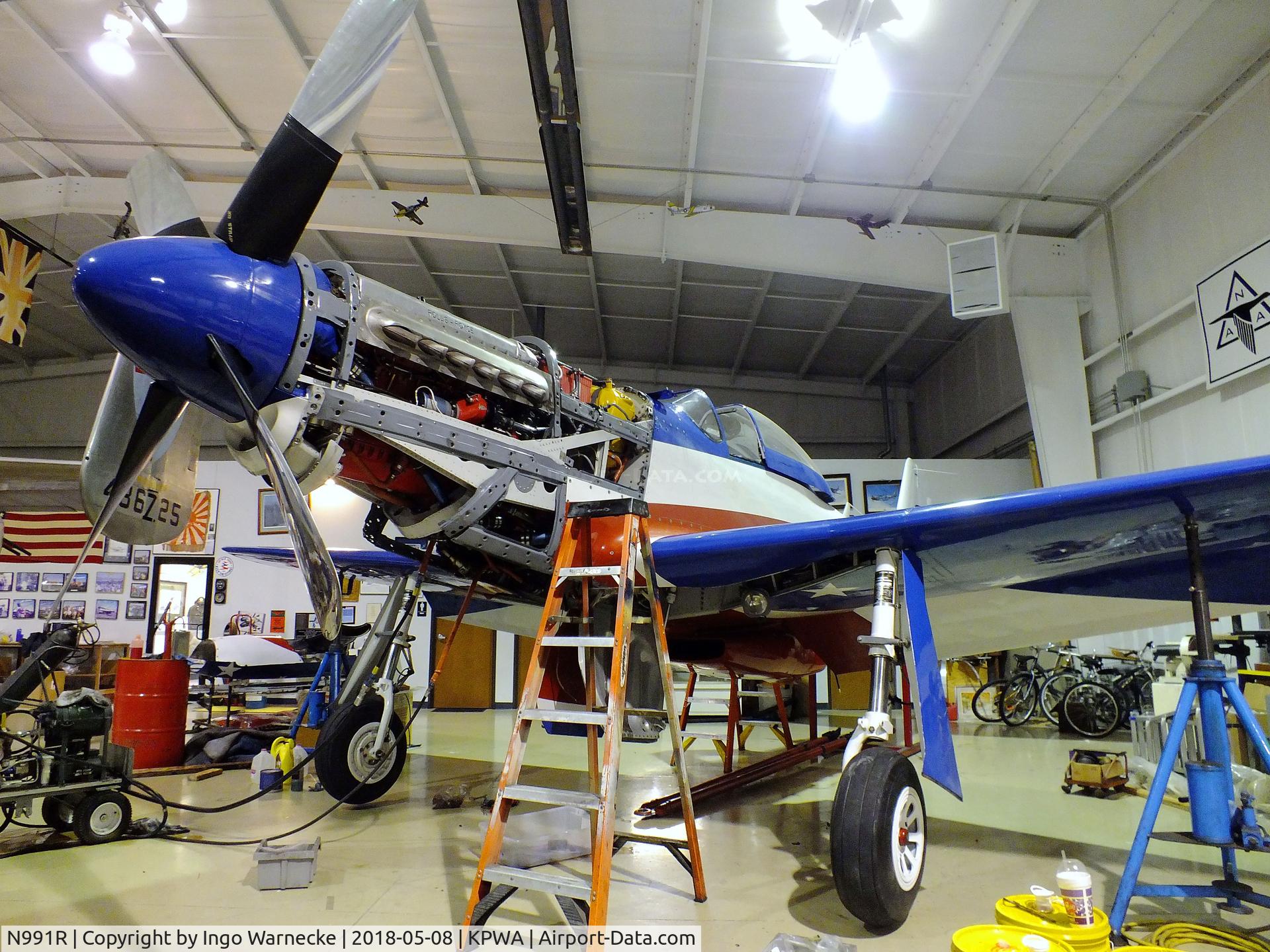 N991R, 1993 North American P-51D Mustang C/N 122-41076, North American P-51D Mustang racer 'Miss America' undergoing maintenance at the Oklahoma Museum of Flying, Oklahoma City OK