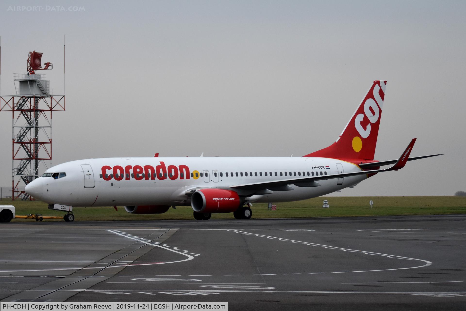 PH-CDH, 2011 Boeing 737-86J C/N 36121, Under tow at Norwich.