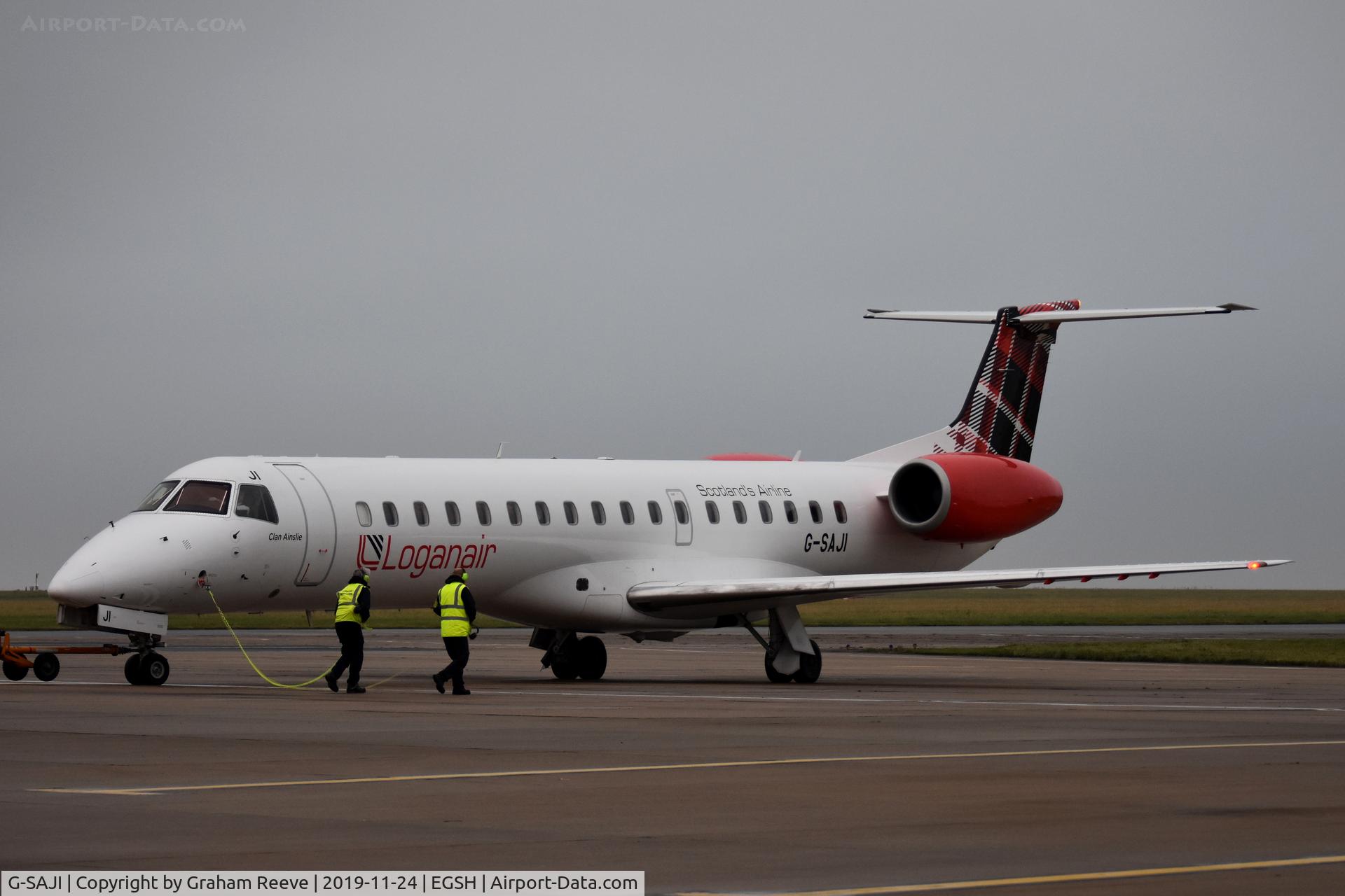 G-SAJI, 2000 Embraer EMB-145EP (ERJ-145EP) C/N 145201, Departing from Norwich.