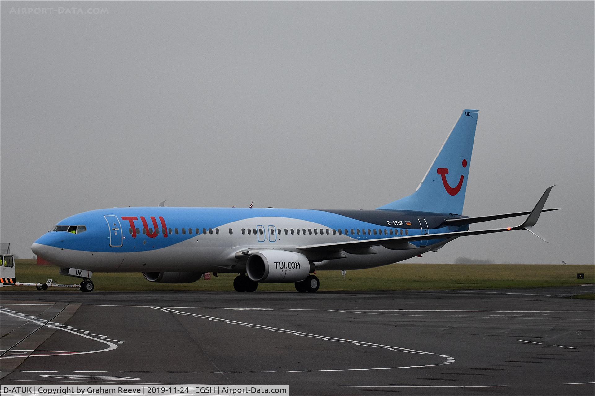 D-ATUK, 2011 Boeing 737-8K5 C/N 39094, Under tow at Norwich.