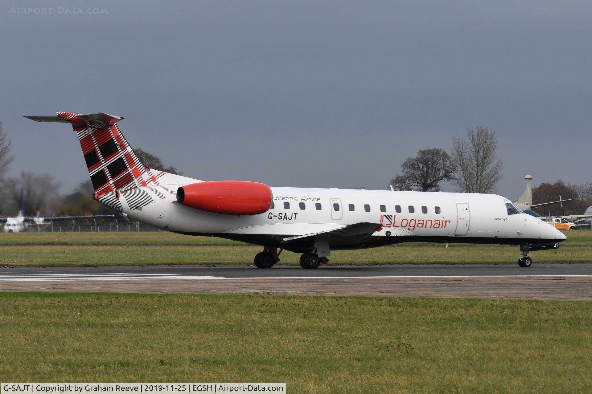 G-SAJT, 2001 Embraer ERJ-135ER (EMB-135ER) C/N 145376, Departing from Norwich.