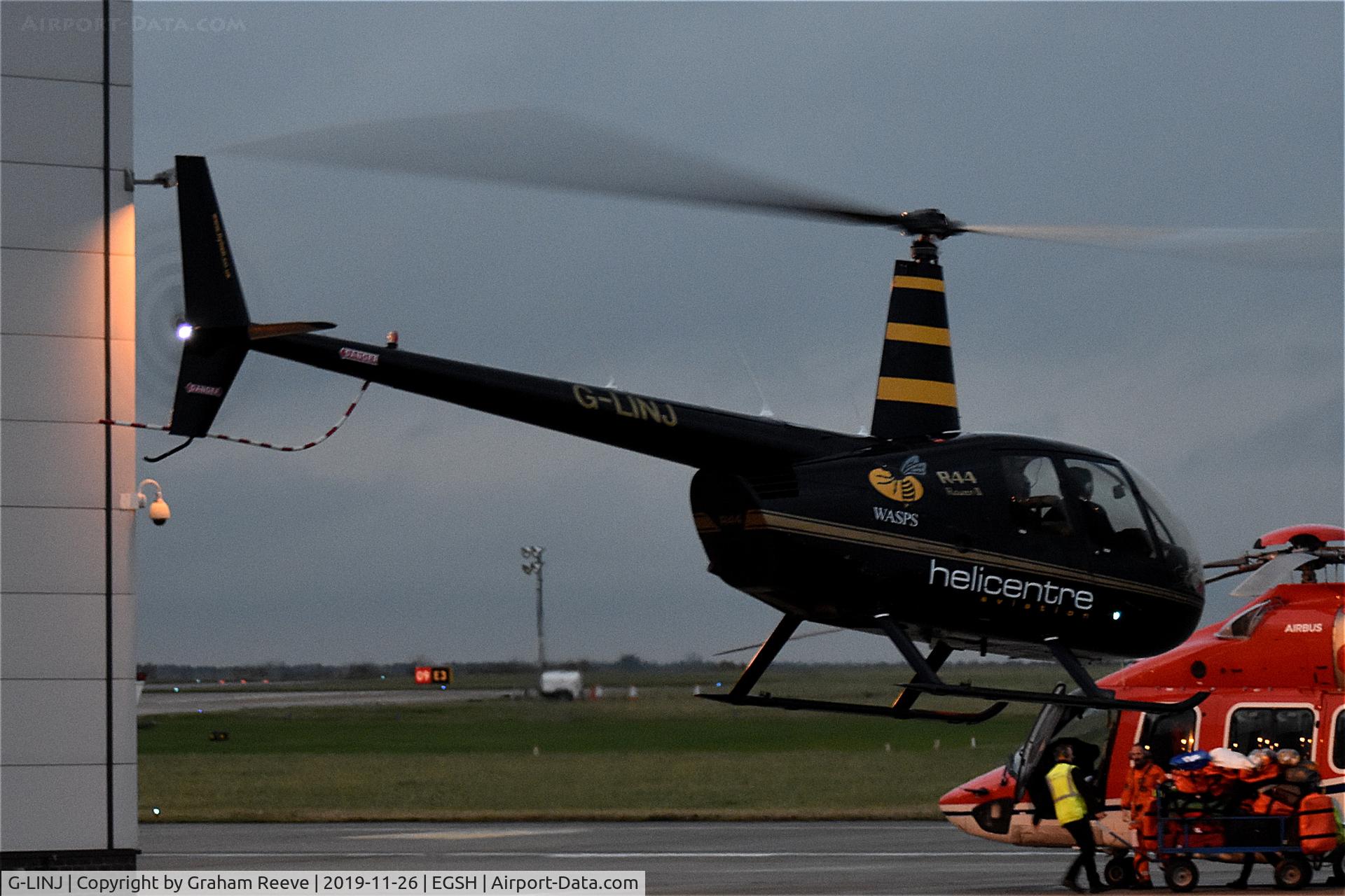 G-LINJ, 2008 Robinson R44 Raven II C/N 12168, Departing from Norwich.