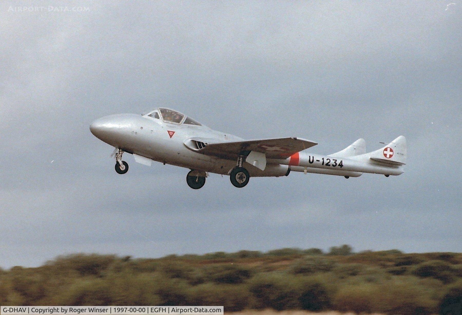 G-DHAV, 1956 De Havilland DH-115 Vampire T.11 C/N 48913, Resident ex-Swiss AF Vampire departing Runway 22 for a local flight.