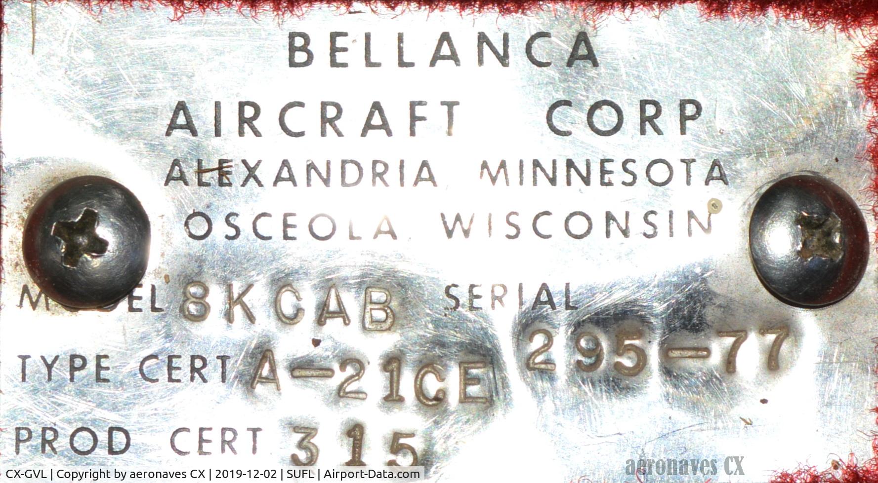 CX-GVL, 1977 Bellanca 8K-CAB C/N 295-77, Florida vuela 2019 / placa id.