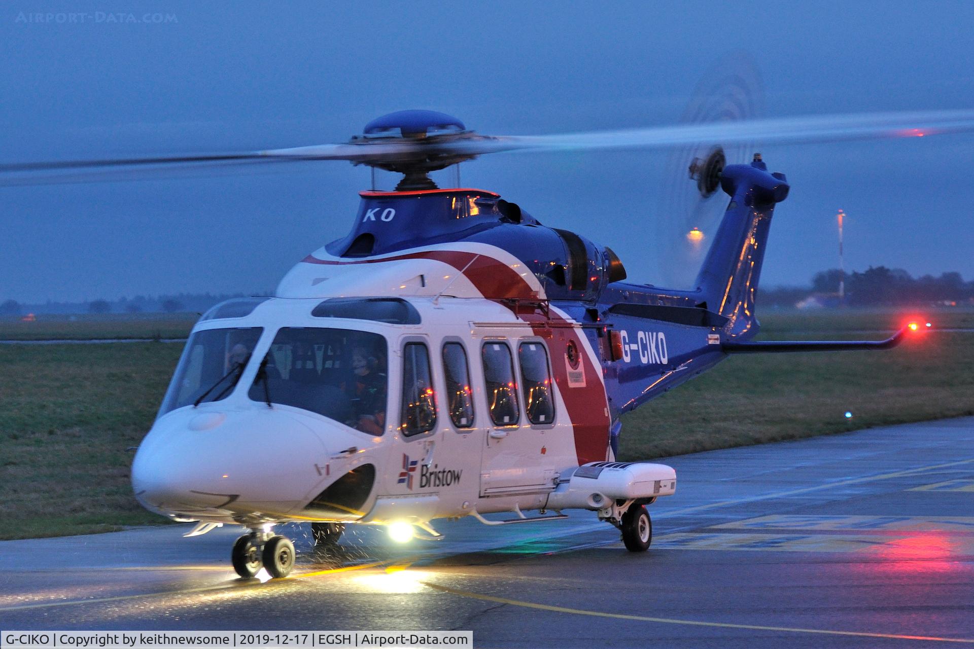 G-CIKO, 2014 AgustaWestland AW-139 C/N 41378, Leaving for cold and wet offshore.