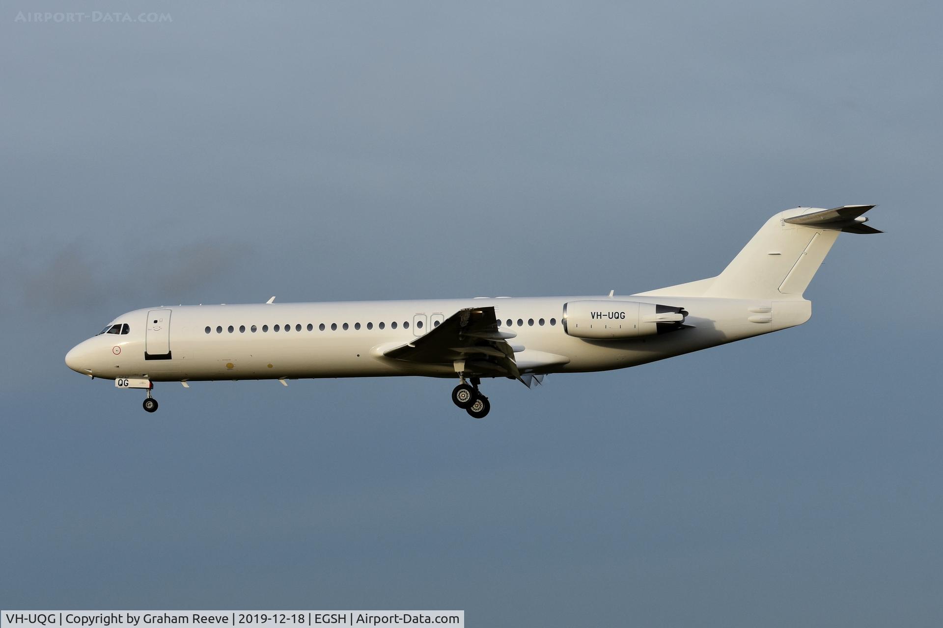 VH-UQG, 1994 Fokker 100 (F-28-0100) C/N 11520, Landing at Norwich. Ex OE-LVG. 