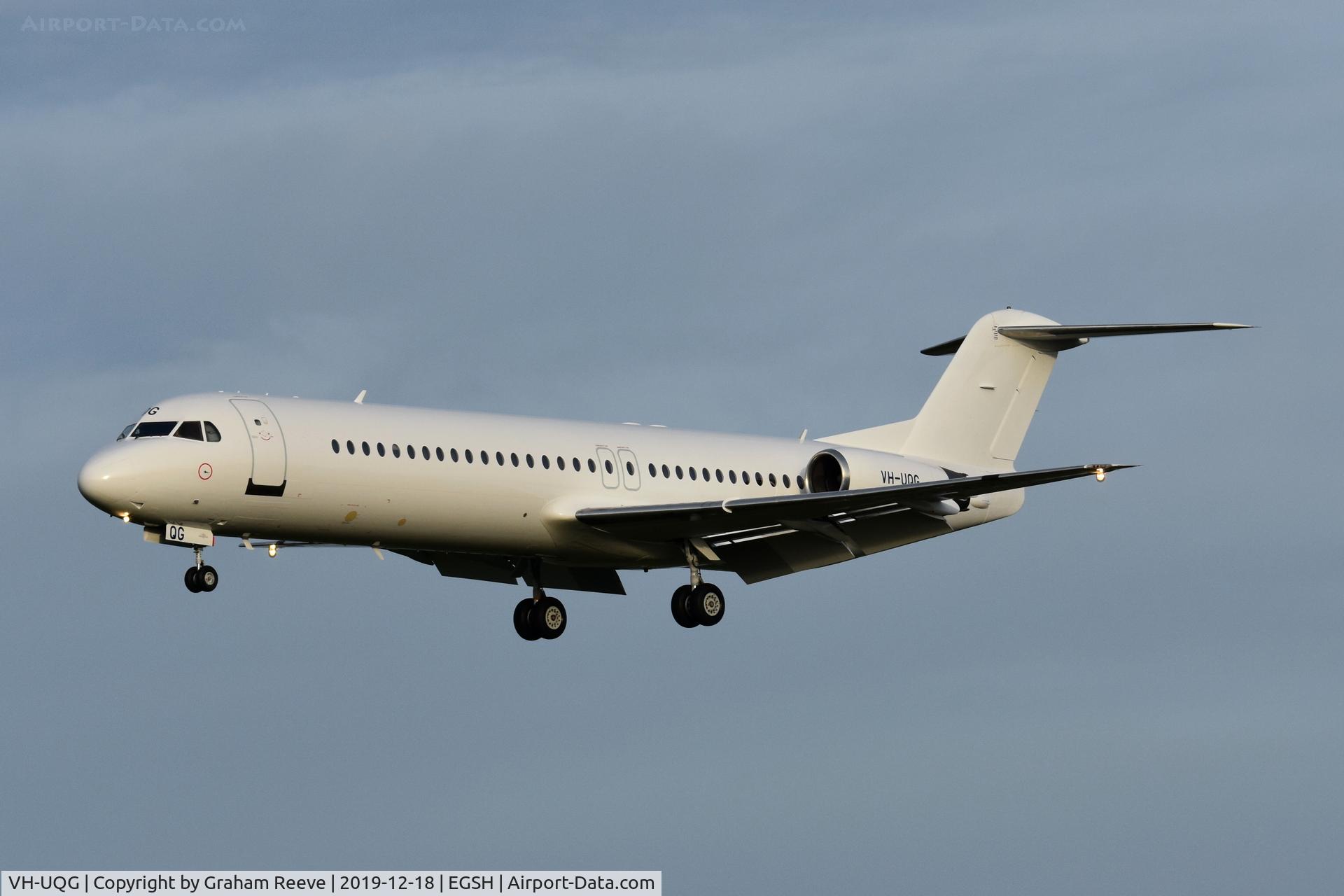 VH-UQG, 1994 Fokker 100 (F-28-0100) C/N 11520, Landing at Norwich. Ex OE-LVG. 