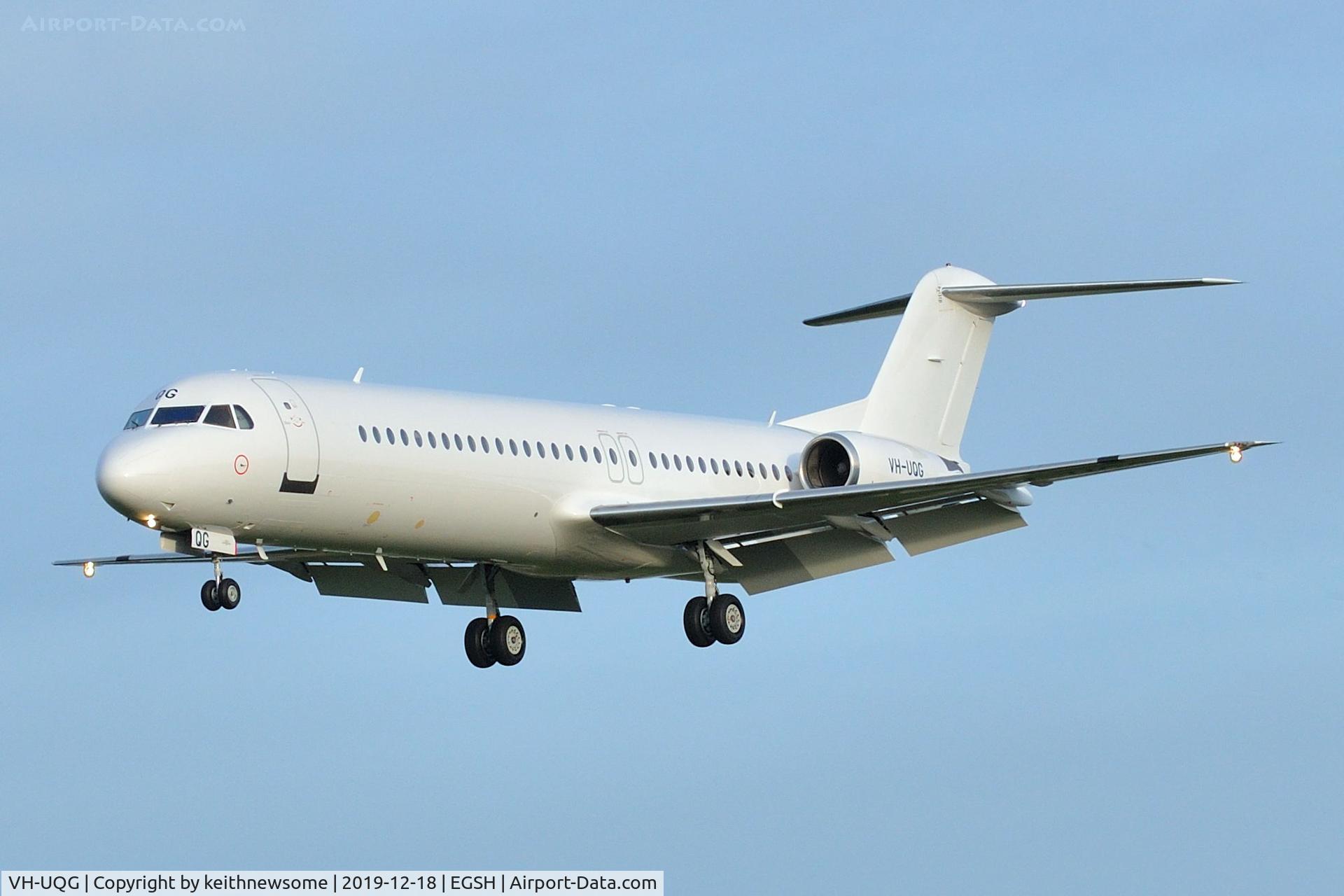 VH-UQG, 1994 Fokker 100 (F-28-0100) C/N 11520, Arriving at Norwich from Bratislava.