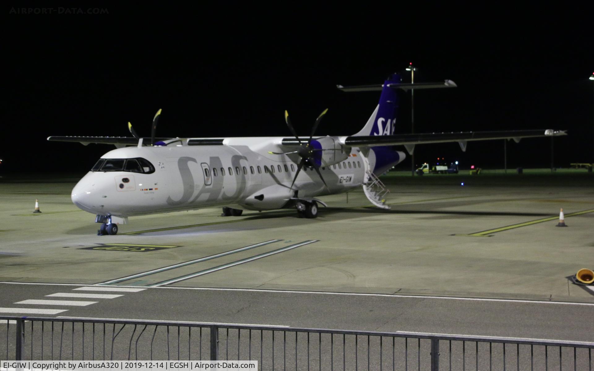EI-GIW, 2012 ATR 72-600 (72-212A) C/N 1064, Parked on stand following emerging from Paint in SAS new livery