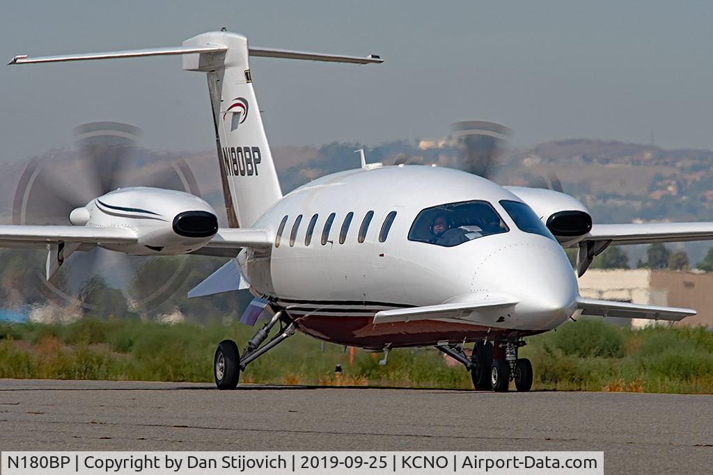 N180BP, 1990 Piaggio P-180 Avanti C/N 1004, Taxiing to runway 26L at Chino for departure